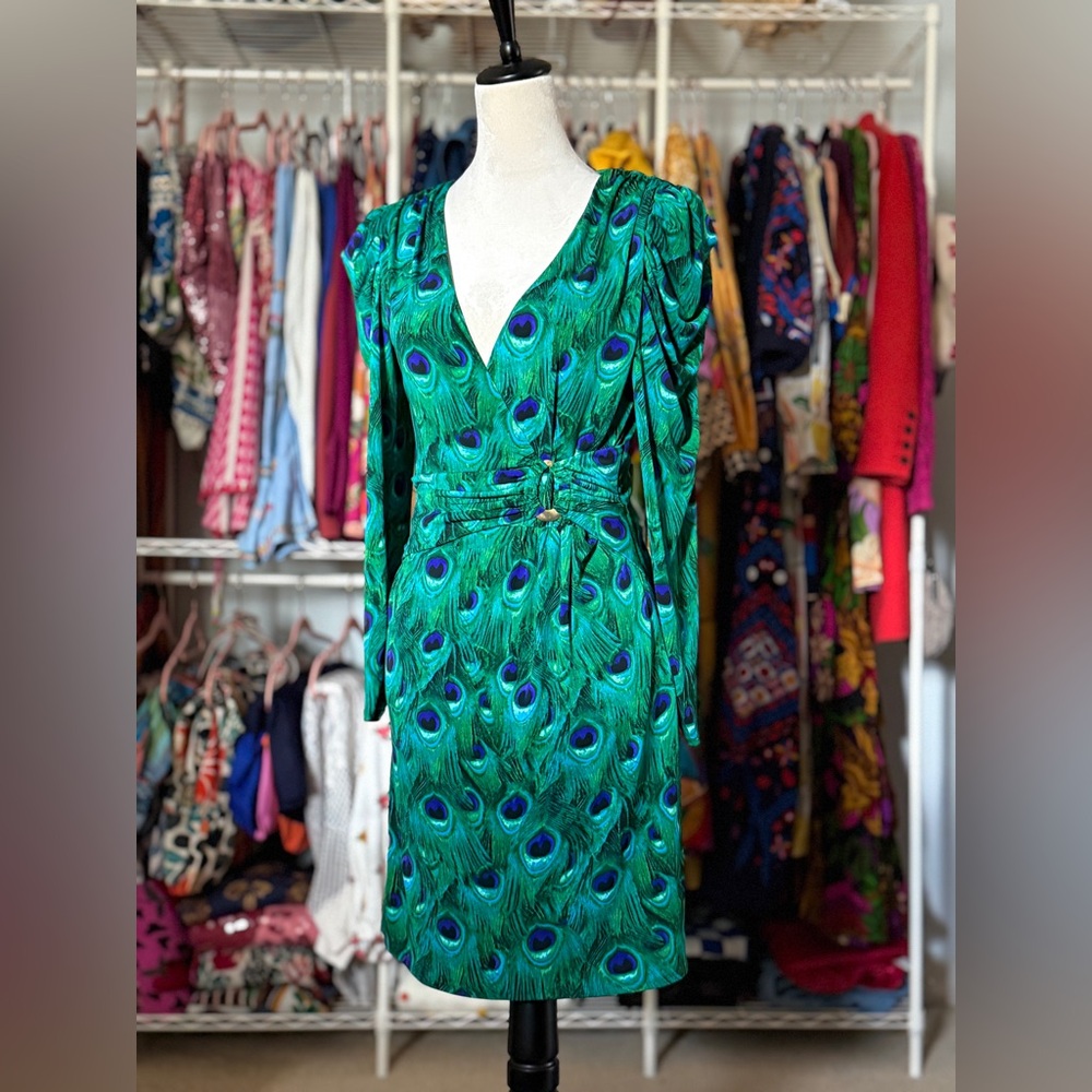 Shelli Segal Green Peacock Print Dress sz 4 / Small NWT